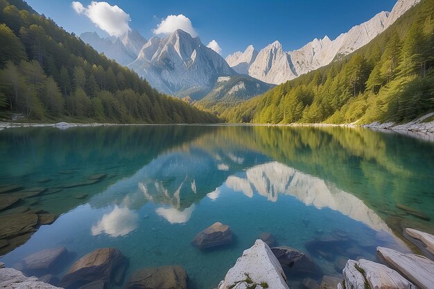 Lago Jasna con hermosos reflejos de las montañas Parque Nacional Triglav Eslovenia