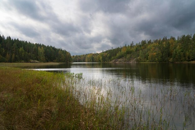 Lago Ladoga perto da aldeia Lumivaara em um dia ensolarado de outono Ladoga skerries Lahdenpohya Karelia Rússia