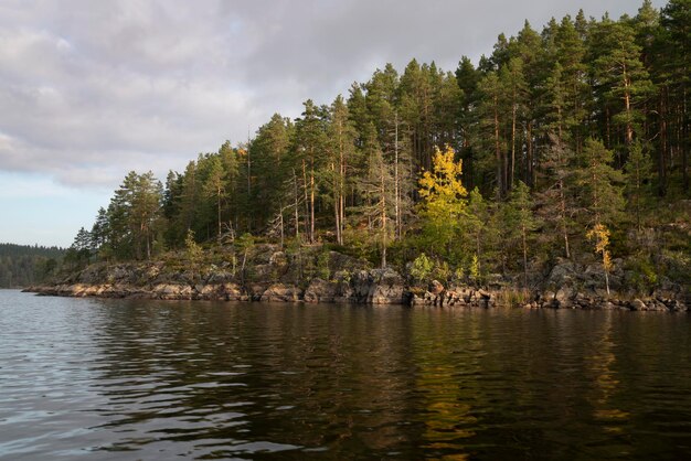 Lago Ladoga, perto da aldeia Lumivaara, num dia ensolarado de outono, recifes de Ladoga, República da Carélia, Rússia