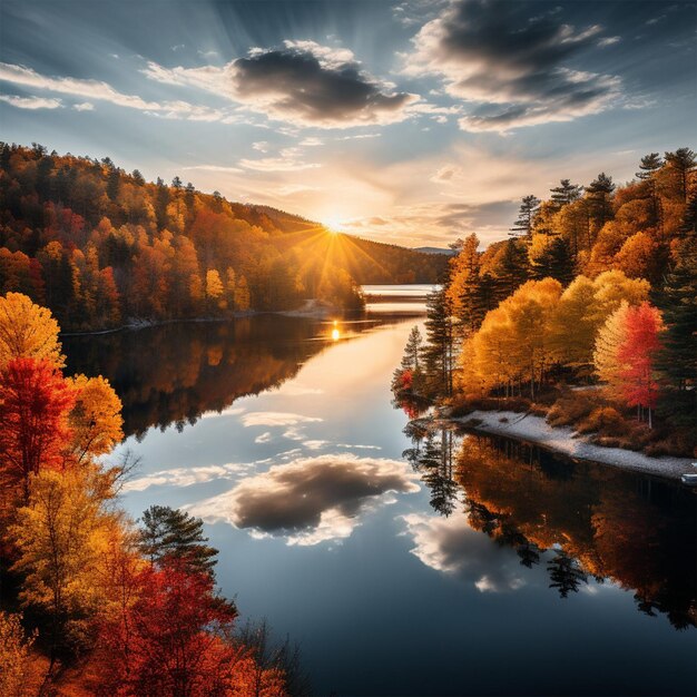 un lago con un lago y árboles con una puesta de sol en el fondo