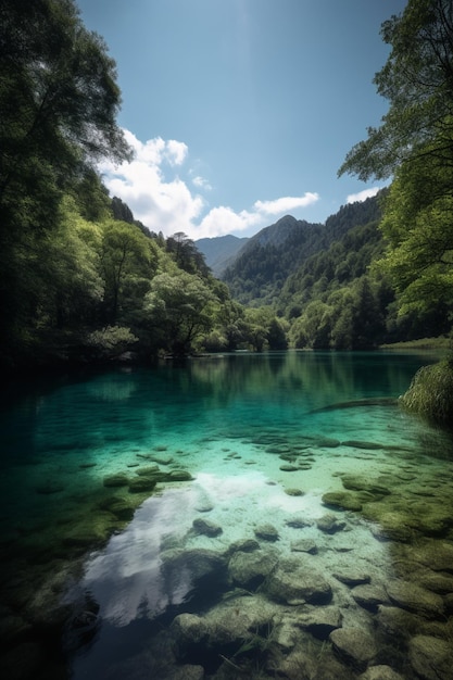 Un lago con un lago azul y árboles al fondo.