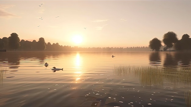 Un lago con un lago y unos cuantos patos flotando en él.