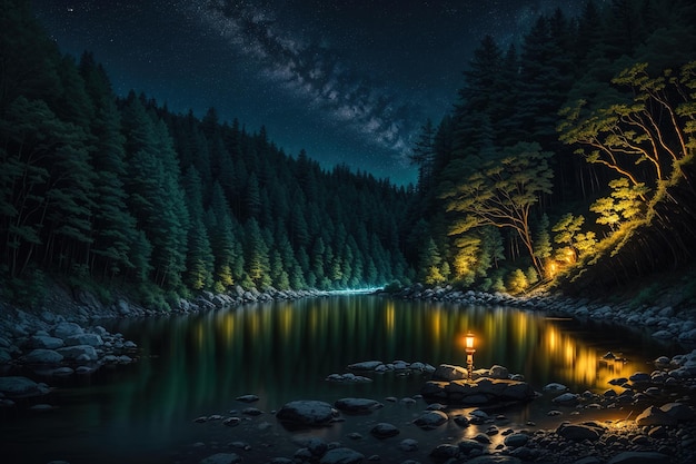 Un lago con una linterna en medio del bosque.