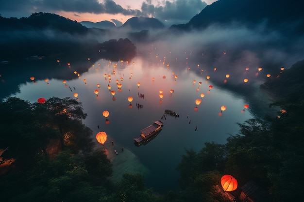 Un lago con linternas flotando en el agua.