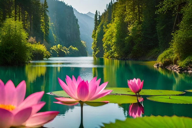 un lago con lirios de agua rosados frente a una montaña