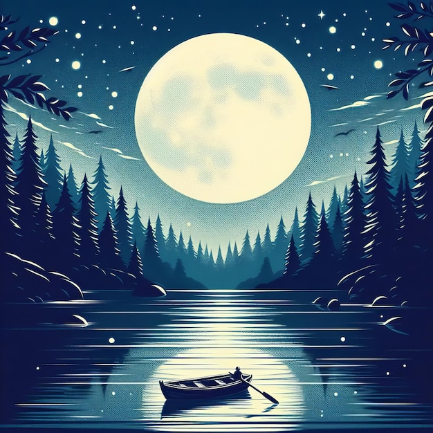 Lago Lofi iluminado pela lua Serenidade noturna