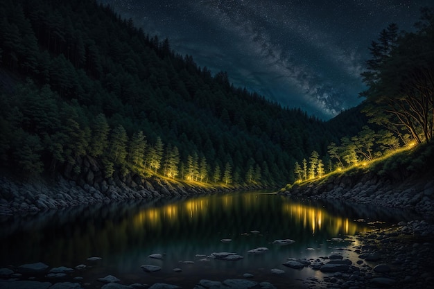 Un lago con luces en el fondo y un bosque al fondo