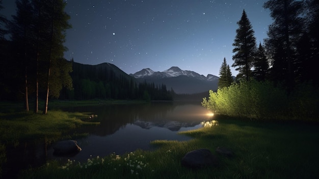 Un lago con una luz y montañas al fondo.