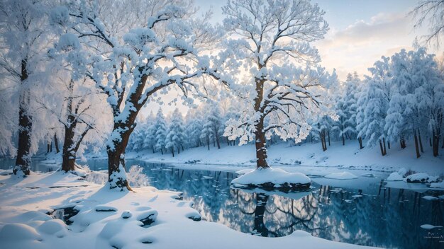 Lago mágico de inverno no centro da floresta alpina coberta por flocos de neve e gelo