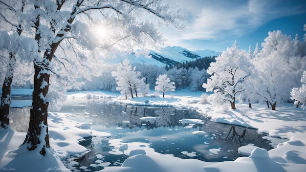 Lago mágico de inverno no centro da floresta alpina coberta por flocos de neve e gelo