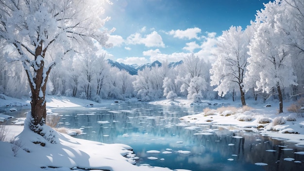 Lago mágico de inverno no centro da floresta alpina coberta por flocos de neve e gelo