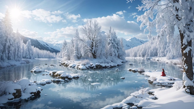 Lago mágico de inverno no centro da floresta alpina coberta por flocos de neve e gelo