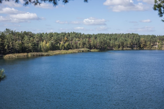 Lago en medio de un bosque de coníferas en la cantera de Korostyshiv distrito de Zhytomyr en el norte de Ucrania