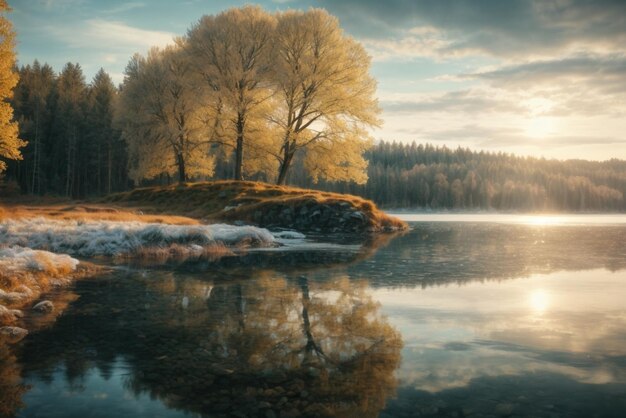 Lago en medio del bosque en un día nublado hermoso paisaje