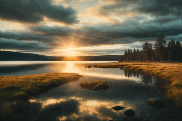 Foto lago en medio del bosque en un día nublado hermoso paisaje