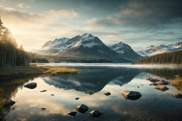 Foto lago en medio del bosque en un día nublado hermoso paisaje