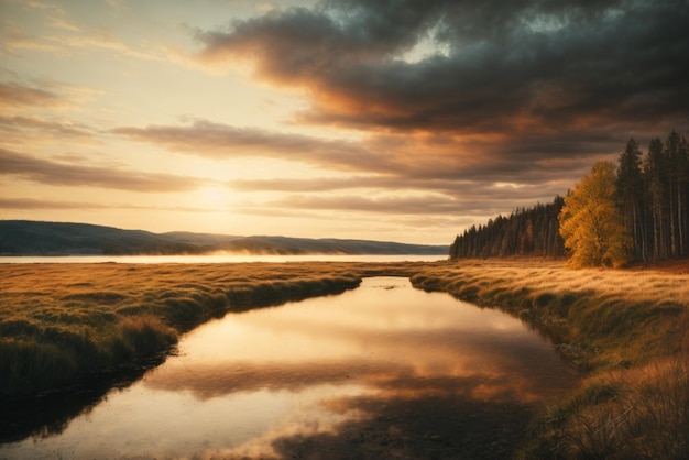 Foto lago en medio del bosque en un día nublado hermoso paisaje