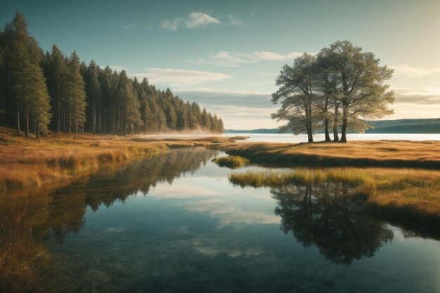 Foto lago en medio del bosque en un día nublado hermoso paisaje