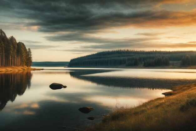 Lago en medio del bosque en un día nublado hermoso paisaje