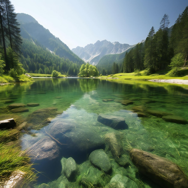 Foto lago de montaña con agua clara y bosque verde al fondo