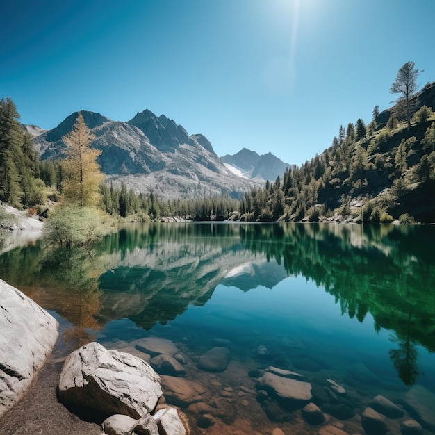 Lago de montaña con agua cristalina que refleja el cielo y los árboles