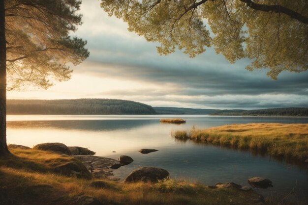 El lago de la montaña al atardecer el cielo nublado dramático el mundo de la belleza