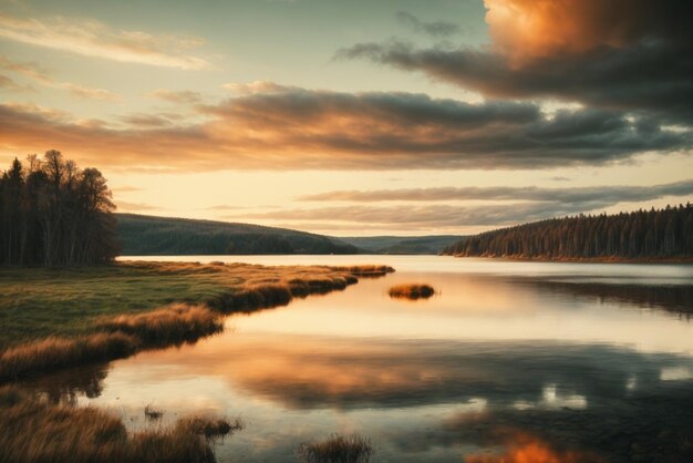 El lago de la montaña al atardecer el cielo nublado dramático el mundo de la belleza