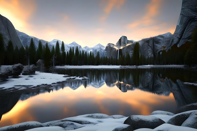 Un lago con una montaña al fondo y un atardecer al fondo.