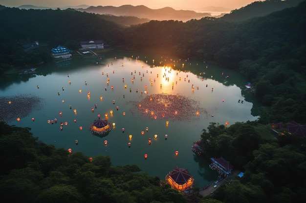 Un lago con una montaña al fondo y un atardecer al fondo.