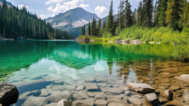 Un lago con una montaña al fondo.