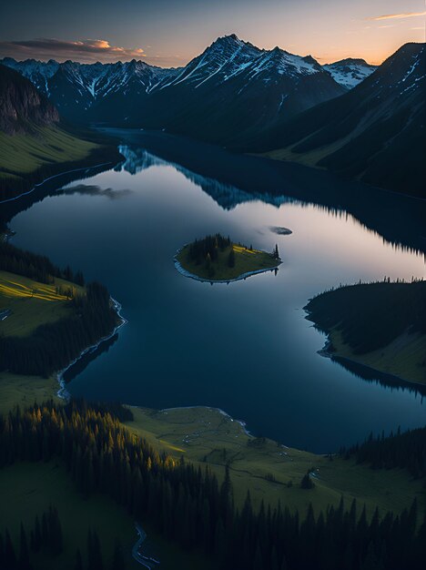 Un lago con una montaña al fondo.