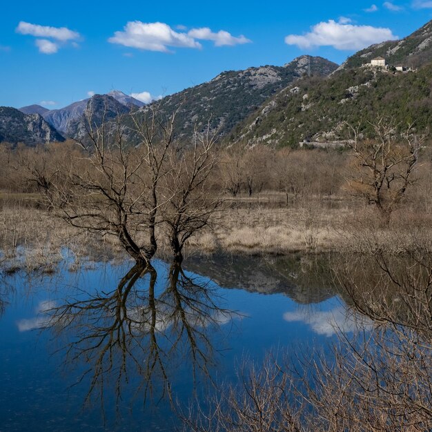 Un lago con una montaña al fondo.