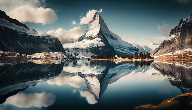 Un lago con una montaña al fondo.