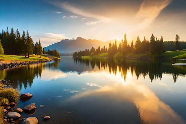 Un lago con una montaña al fondo.