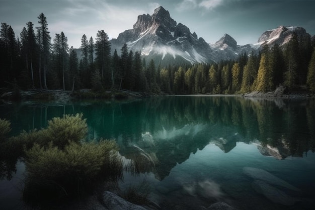 Un lago con una montaña al fondo.