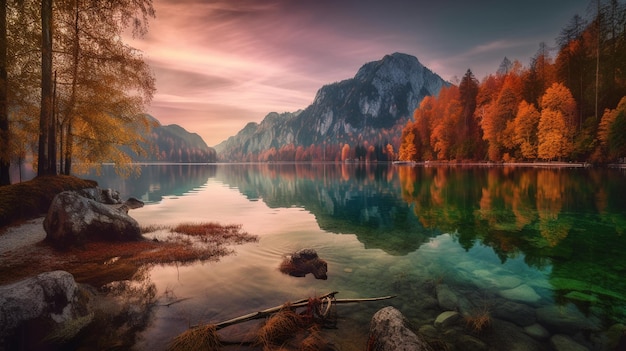 Foto un lago con una montaña al fondo.