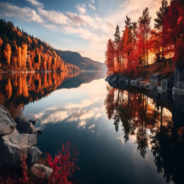 un lago con una montaña y árboles en el fondo