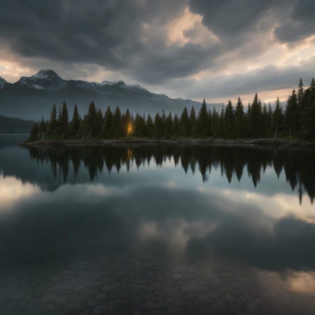 Un lago con una montaña y árboles en el fondo.