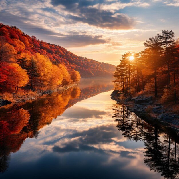 un lago con una montaña y árboles con el sol reflejado en el agua