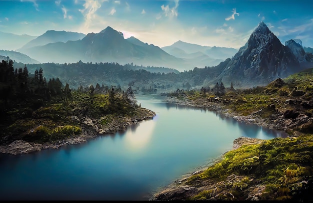 Lago y montaña con buen cielo. Un lago de agua azul en las montañas y colinas. selva verde, árbol