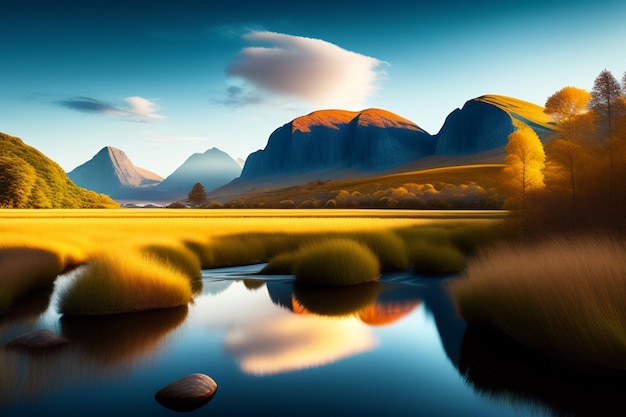 Un lago de montaña con un cielo azul y una montaña al fondo