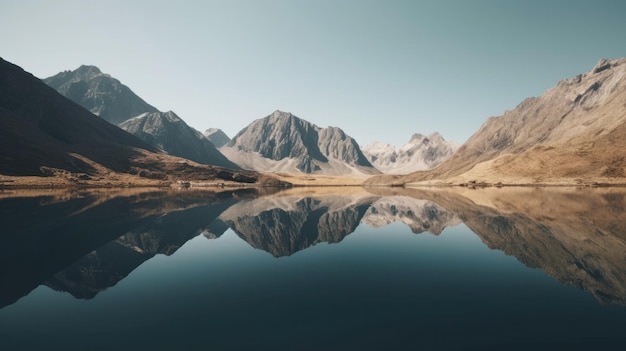 Un lago de montaña con un cielo azul y una montaña al fondo