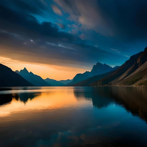 Un lago de montaña con un cielo azul y nubes reflejadas en las tranquilas aguas de un lago