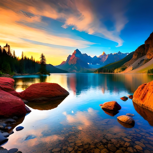 Un lago de montaña con un cielo colorido y una montaña al fondo.