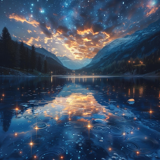 Foto lago de montaña en el cielo nocturno con estrellas y reflejo en el agua