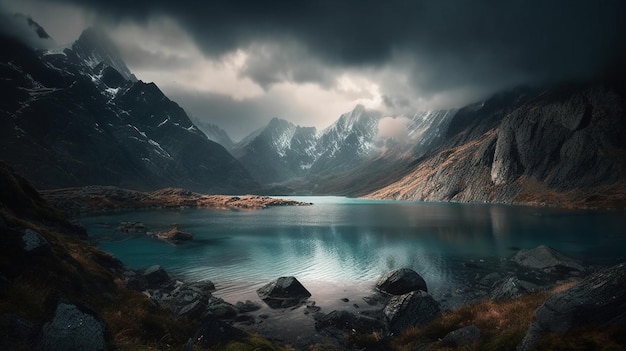 Un lago de montaña con un cielo nublado encima