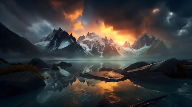 Un lago de montaña con un cielo nublado y una montaña al fondo