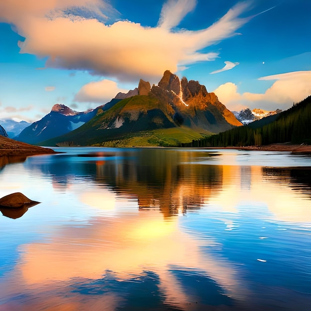 Un lago de montaña con un cielo nublado y una montaña al fondo.