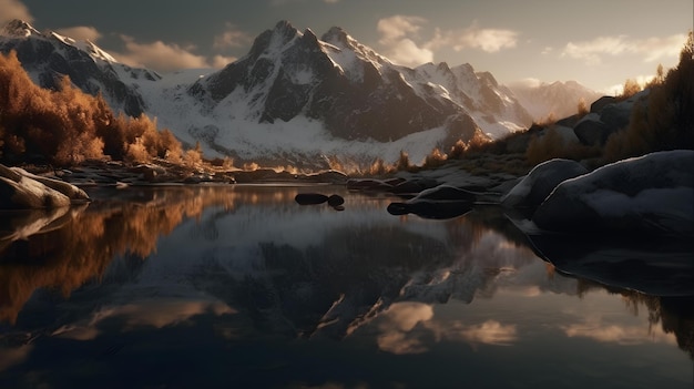 Un lago de montaña con un cielo nublado y una montaña nevada al fondo.