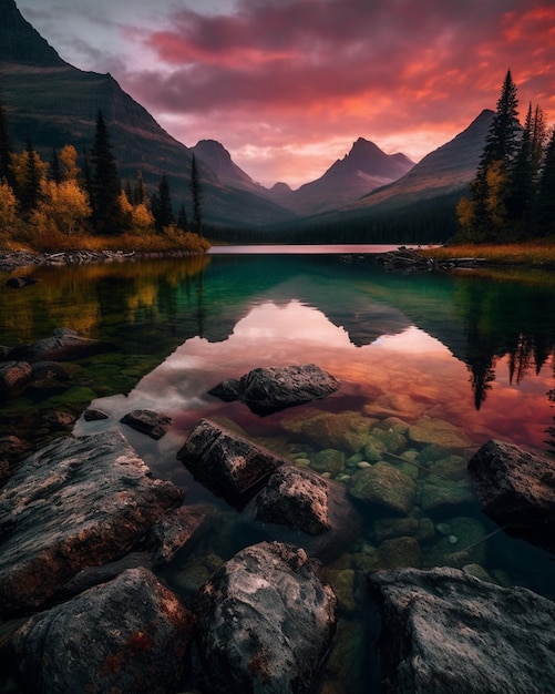 Un lago de montaña con un cielo rojo y una montaña al fondo